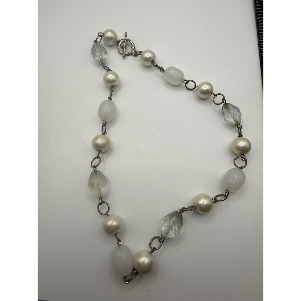 Vintage Style Faux Pearl and Glass Bead Toggle Clasp Necklace Silver Tone 17"